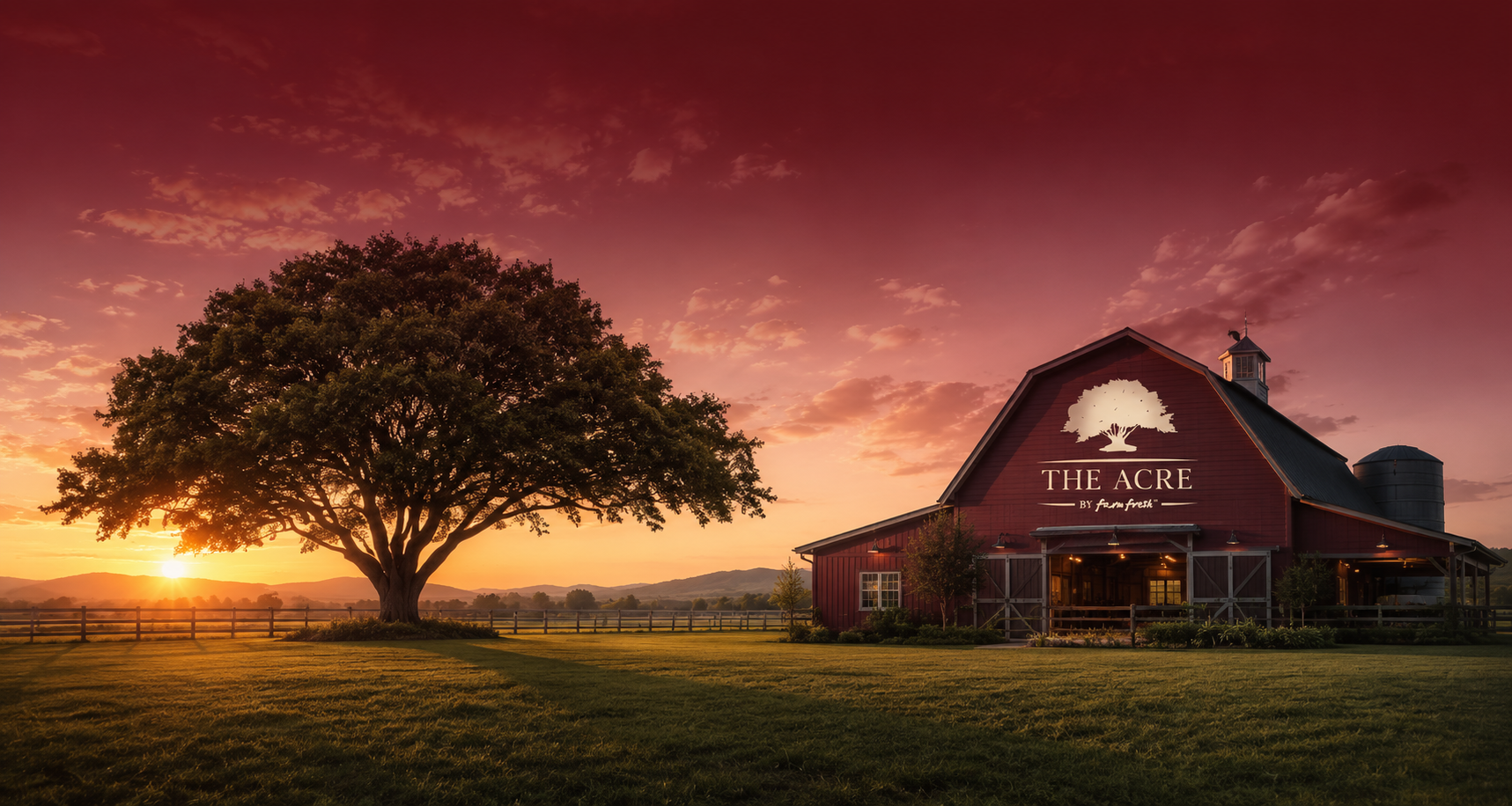 The Acre barn at sunset
